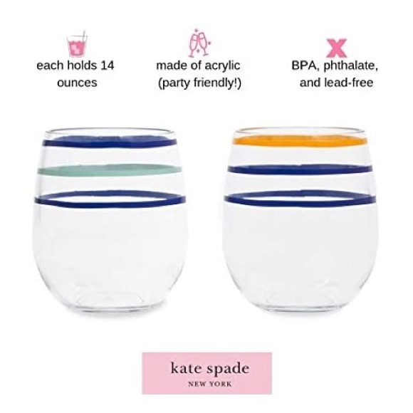 NWT Kate Spade Acrylic Stemless Wine Glass Set, Citrus Twist Stripe - Picture 2 of 11
